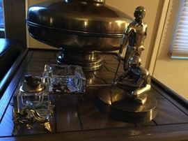 Vintage Lucite Lighter and Ashtray Set, Brass Statue