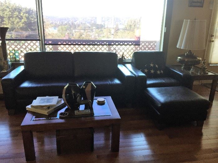 Natuzzi Leather Sofa, Natuzzi Leather Chair with Ottoman, Century Glass Top Coffee Table, Century End Table, Brass Lamp.