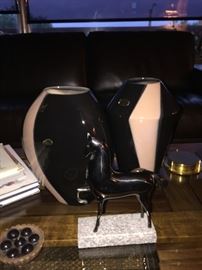 Blueberry Pie Candle, Horse Statue, Brass Coasters, Vintage Di Carlo Ceramic Vases.