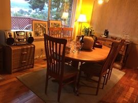 Dining Table (1 leaf, 5 chairs, pad), Small Chest of Drawers, JVC Boombox.
