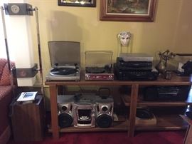 Floor Lamp, Console Style Shelf, More Electronics (Aiwa Turntable, Crosley Turntable, VHS Palyers, Boomboxes)