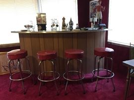 Vintage One Ring Chrome and Red Bar Stools, Bar, Vintage Lawn Jockey - Plastic, Decanters, Clock