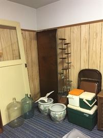 5 Gallon Glass Bottles, Planters, Ceramic Seagull, Copper Fountain, Folding Chairs, Coolers.