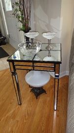 Mirrored side table, Sterling & milk glass candelabras, Wedgewood Crystal Bowl, Antique lamp 