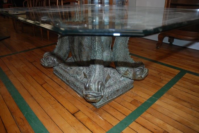 Vintage Glass Top Bronze Dolphin Coffee Table