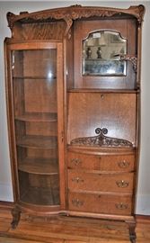 Victorian Golden Oak Curved Glass Secretary Desk