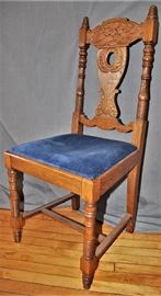 7 Antique Oak Dining Chairs, Carved Faces