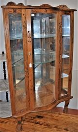 Vintage Oak Corner Cabinet, Curved Glass, Lighted