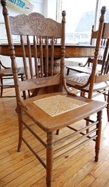 5 Antique Oak Pressed Back Chairs with Cane Seats
