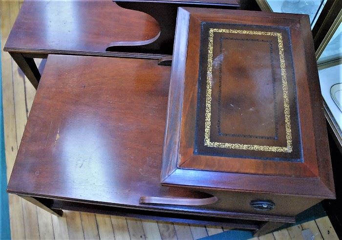Pair 1940s Mahogany Step End tables Leather Accents