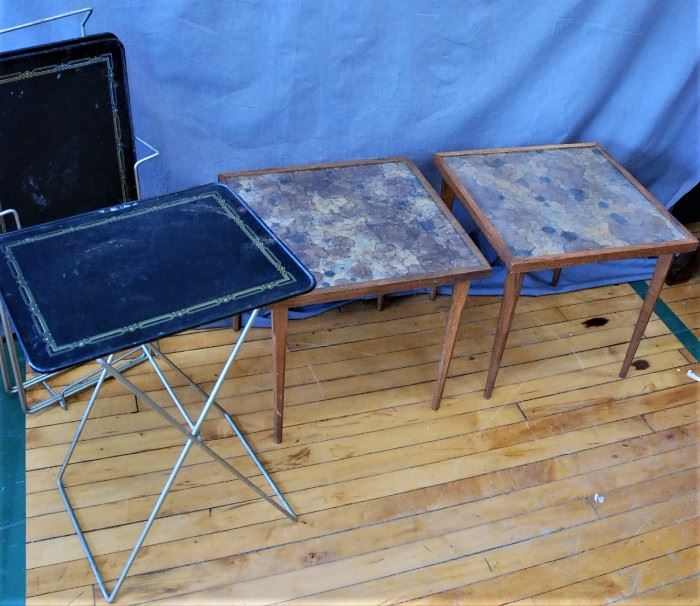 Pr. Mid Century Tables, Gold Distressed Mirror Tops