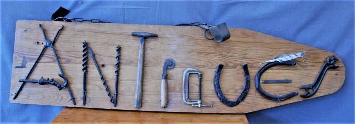 Folk Art "Antiques" Sign, Ironing Board and Tools