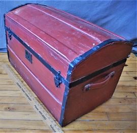 Red Painted Vintage Wooden Humpback Trunk