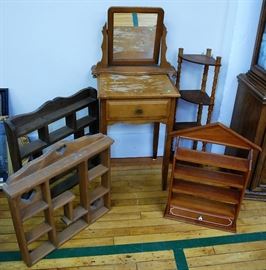 5 Vintage Wooden Pieces, Table, Mirror, Shelves