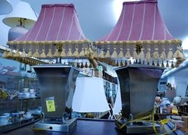 Pair of Brass Lamps, Red Fringed Shades