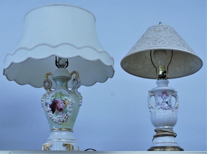 2 Vintage 1940s Floral China Lamps