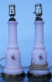 Pair of Pink Hand painted Glass Boudoir Lamps