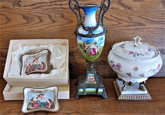 3 Ornate French Porcelain And Gilt Metal Pieces
