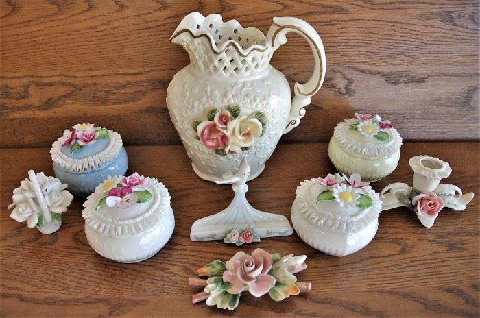 9 Fancy China Pieces with Applied Flowers