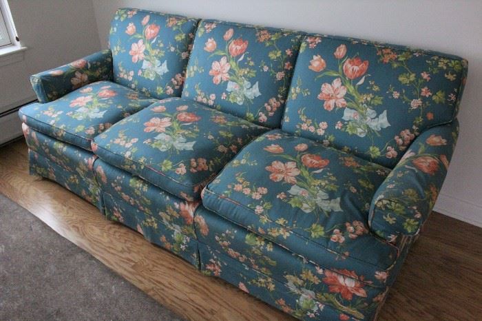 Sofa:  Custom Upholstered w/ down filled cushions,  81”L x 31”H x  37”D