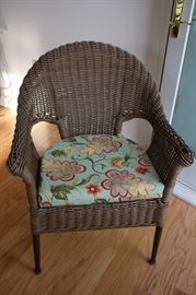 Outdoor Patio Chairs, Pair:  Faux Wicker w/ Cushions.  33”H x 25”W x 25”D