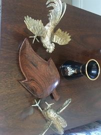 brass chickens, wood platter and small vase