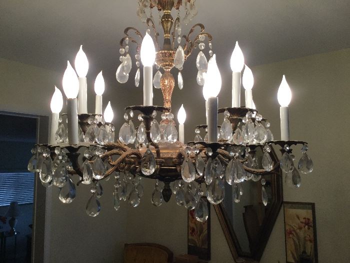 Chandelier, shown with lights on, large and lovely