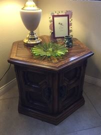 Octagon end table, sorry you can’t see detail on doors, deep and detailed, matched square end table