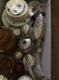 Assorted silver antique topped dresser pieces