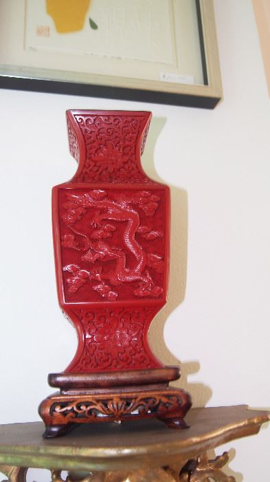 one of a pair of Cinnabar vases