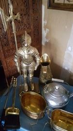 Brass knight with coordinating fireplace tools; Silver antique teapot;Brass/copper containers