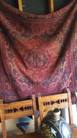 100 per cent wool shawl: hand carved Mexican counter top bar stools (2)   Mexican pottery