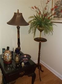 Side table, lamp, and fern stand
