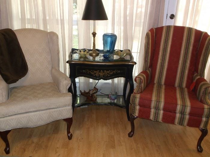 Wing back chairs and side table