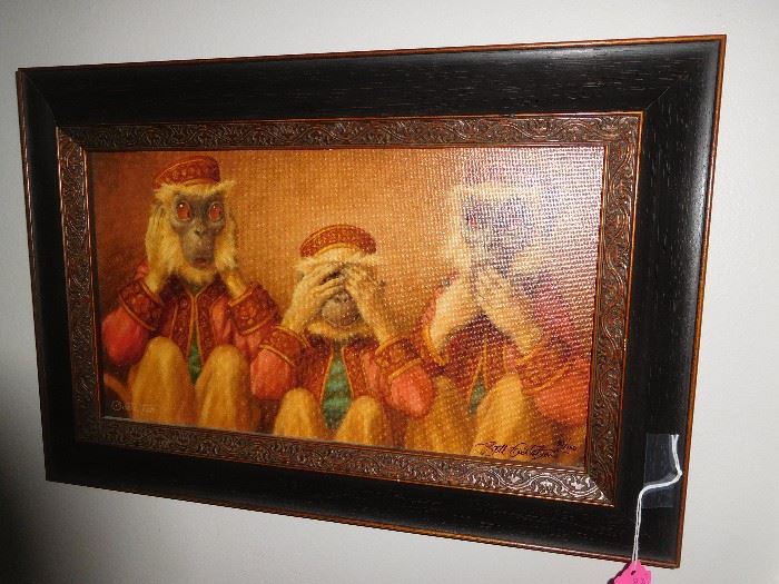 Signed oil painting of 3 monkeys