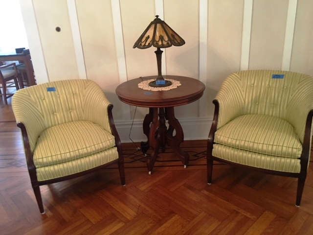 Pair Matching Upholstered Chairs, Antique Round Victorian Table