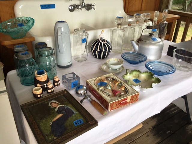 Pictures, Blue Ball Jars, XMas Ornaments, Tea Pot, Decanters, Glassware
