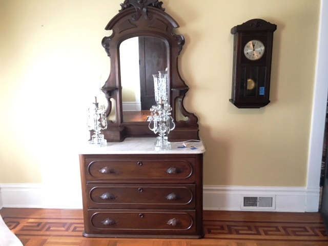 Antique Victorian Marble Top, 3 Drawer Dresser w/ Mirror and Candle Shelves