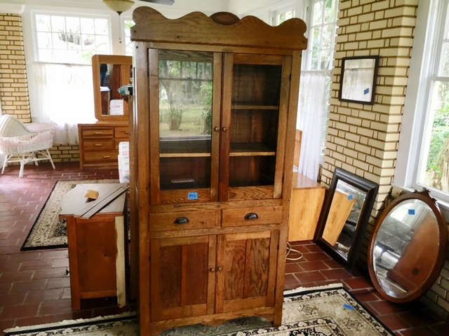 Antique Kitchen Cabinet with 2 Glass Doors, 2 Drawers and 2 Wooden Doors