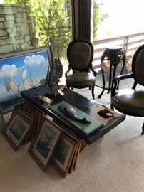 Redwood Railroad tie table - very 1970's would look great with with Don Shoemaker chairs or Aldo Tura. Soldwedel Painting.  (Iron Ship and victorian chairs are sold)