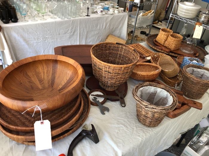 Teak and woven baskets