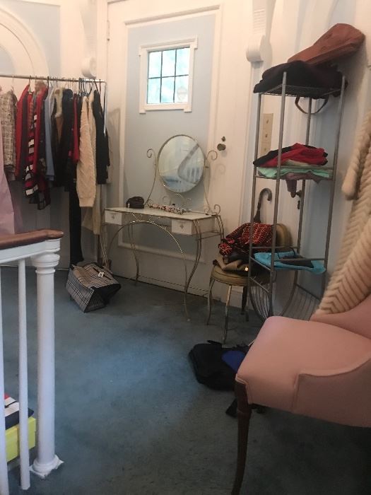 Just a glimpse of our fashion boutique -- still being set up.  Lots of designer clothing, including St. John and possibly Chanel (two suits...will add pic);  some vintage clothing; vintage vanity table; accessories, designer purses; etc. etc. 