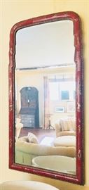One of the nicest mirrors in the sale - semi-vintage lacquered piece with Chinese motif. 