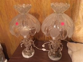 Pair of Hollywood Regency crystal and marble table lamps