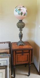 antique Gone with the wind banquet lamp, wired for electricity....cute drop leaf side table