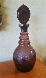 one of two antique decanters - etched and cut amethyst glass, very nice