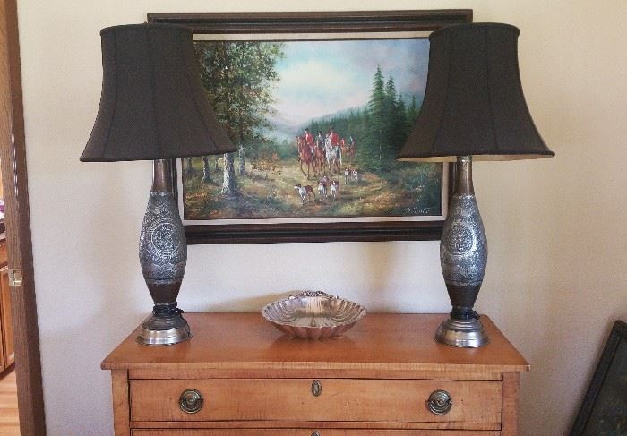 unusual pair of lamps with shades...large and handsome fox hunt print...silver plate shell bowl