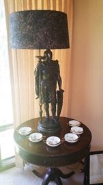 fantastic and large Conquistador lamp...mahogany drum table...blue bird porcelain soup bowls