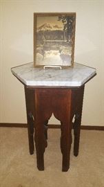 arts and crafts tabouret table with added marble top...