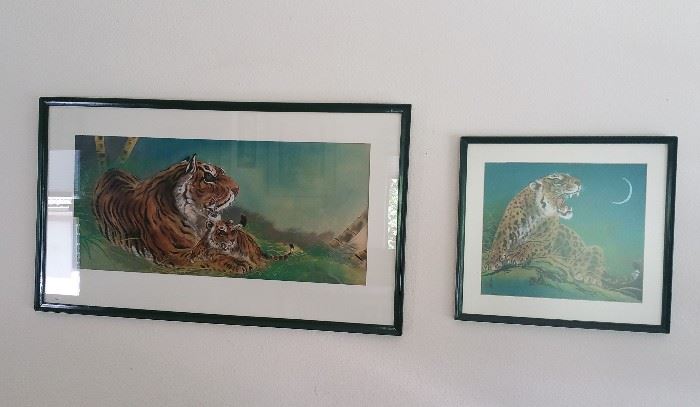 framed paintings on silk - tiger and jaguar